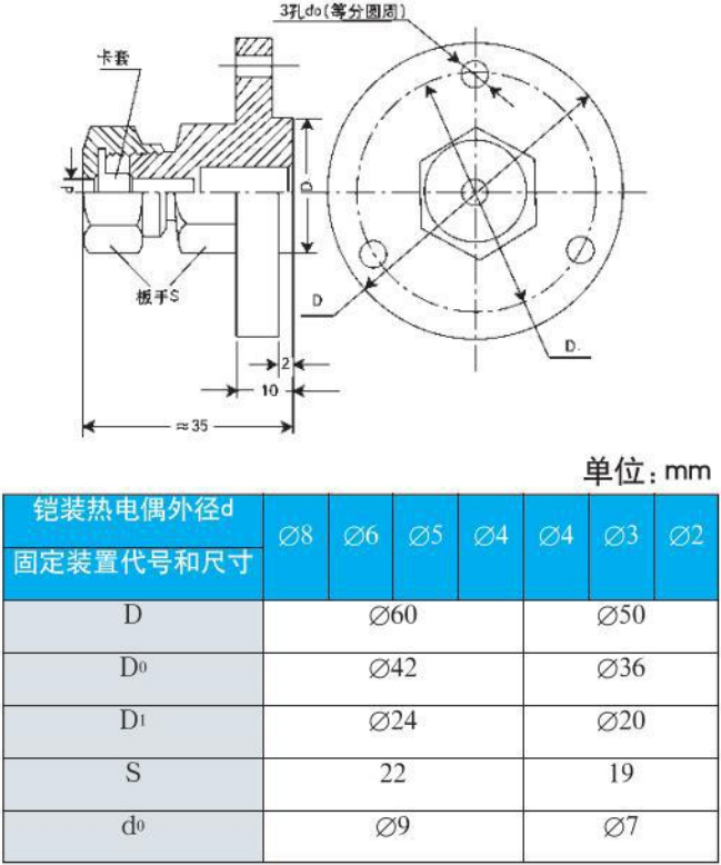 鎢錸熱電偶法蘭安裝尺寸圖